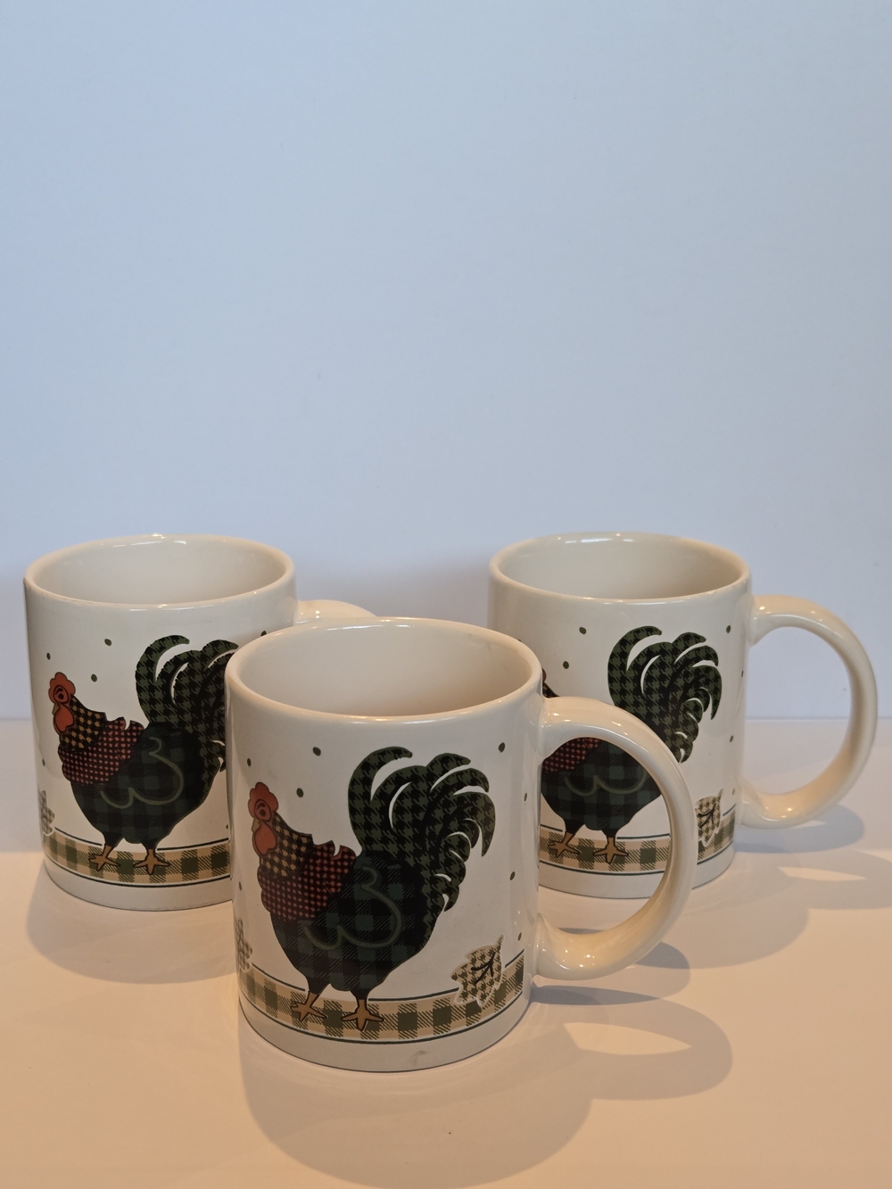 Vintage Julie Ingleman Rooster Morn Coffee Mugs International China 1998 Set/3